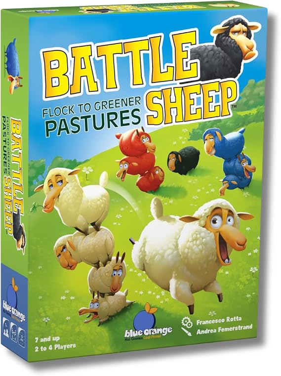 Battle Sheep Abstract Strategy Board Game with Animal Sheep Theme by Blue Orange Games - Family or Adult Strategy Board game for 2 to 4 players. Recommended for ages 7 & Up.