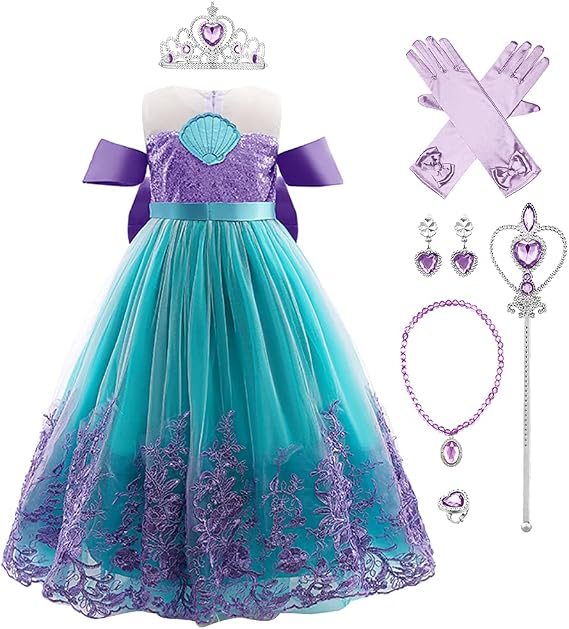 Kids Girls Little Mermaid Costume Ariel Princess Fancy Dress Up Birthday Party Halloween Christmas Carnival Cosplay Dresses + Crown + Jewelry Fairy Tales Outfit Set Purple+Green 4-5 Years