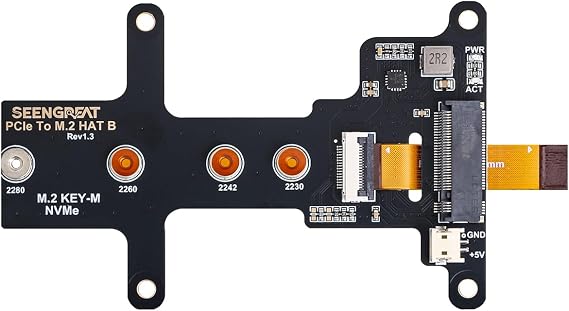 PCIe to M.2 HAT B Adapter Board - Raspberry Pi 5 Compatible, Supports NVMe SSD Booting, Gen2 & Gen3, M.2 M Key SSD Sizes 2230/2242/2260/2280, Enhanced Airflow & Power Indicators