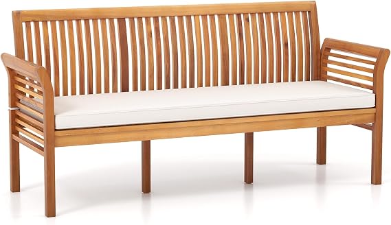 RELAX4LIFE 62.5 Outdoor Bench Acacia Wood - 3-Person Patio Bench w/Backrest, Armrests & Removable Seat Cushion, Slatted Wooden Garden Bench for Front Porch Park Backyard, 1200 LBS Weight Capacity