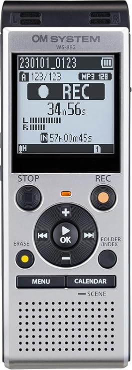 OM SYSTEM WS-882 high quality digital audio recorder, with stereo microphone, 6 scene recording, USB direct, audio filter, 4 GB memory, audio stabilizer, intelligent automatic mode, VCVA