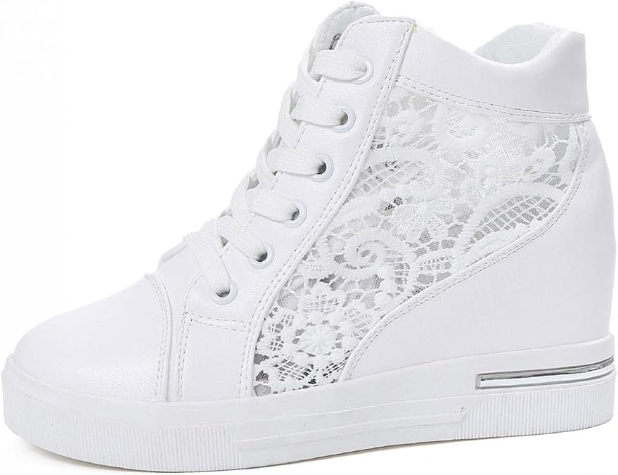 Wedge Sneakers for Women Platform Hidden Heels Sneakers Lace Crochet Lace Up Chunky Bottom Bride Wedding Sneaker Breathable Mesh Casual Platform High Top Canvas Shoes