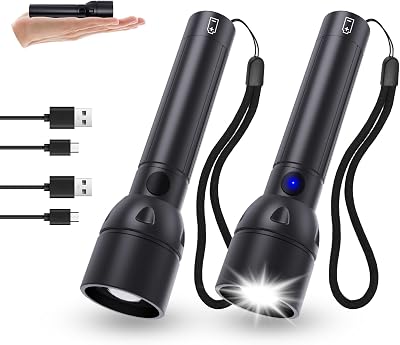 USB C Rechargeable Flashlight High Lumens -800L Super Bright Flash Light with 12H Long Life,5 Modes,Zoomable,Waterproof,Pocket Powerful Tactical LED Flashlights for Emergency Camping Outdoor 2PC