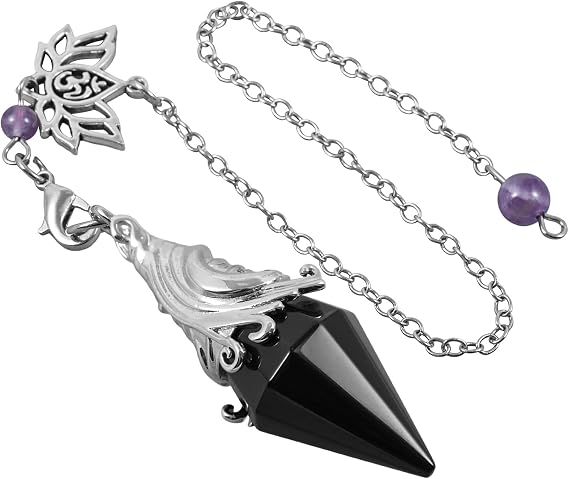 TUMBEELLUWA Faceted Black Obsidian Healing Crystal Pendulum for Dowsing | Lotus OM Symbol Charm, Detachable Copper Chain, Copper Pendulum for Spiritual Guidance Scrying, Witchcraft Altar Supplies