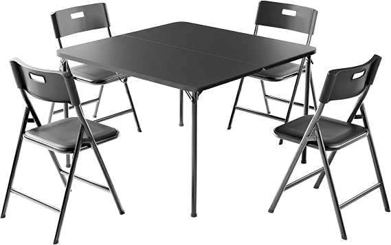 Black 5-Piece Folding Set 34" Square Table + 4 x 330lb Chairs, for Card/Dining/Indoor/Outdoor