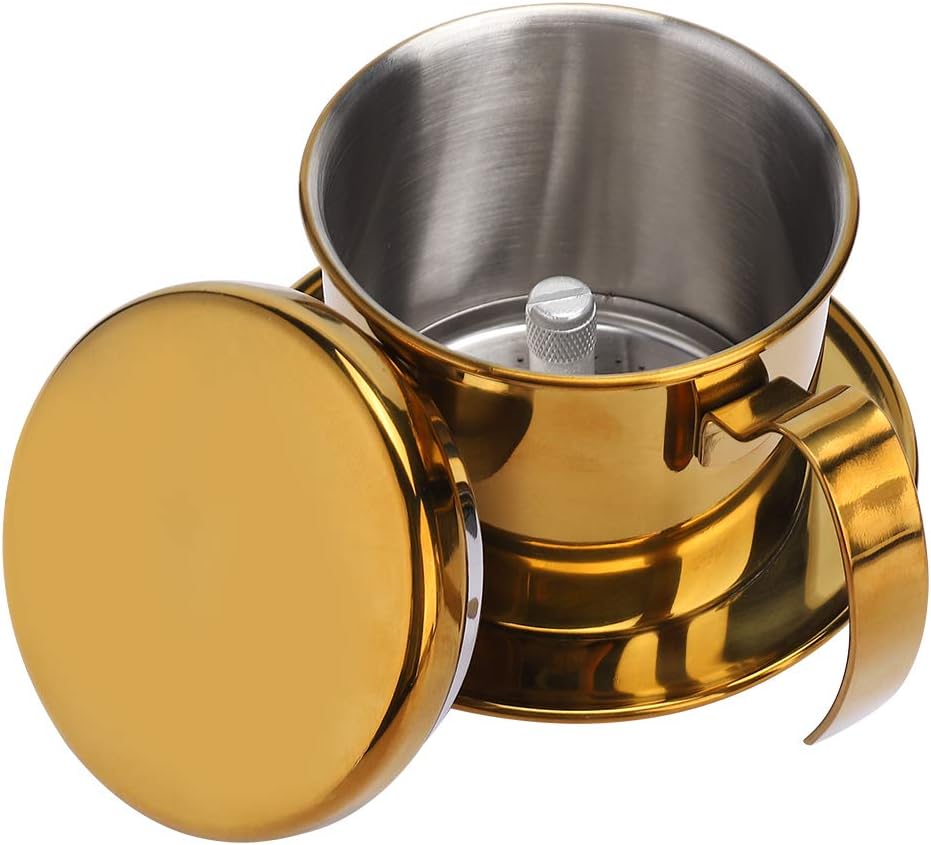 Stainless Steel Vietnamese Style Coffee Maker Pot, Drip Brewer Coffee Drip Filter Maker for Home Kitchen Office Outdoor, Gold