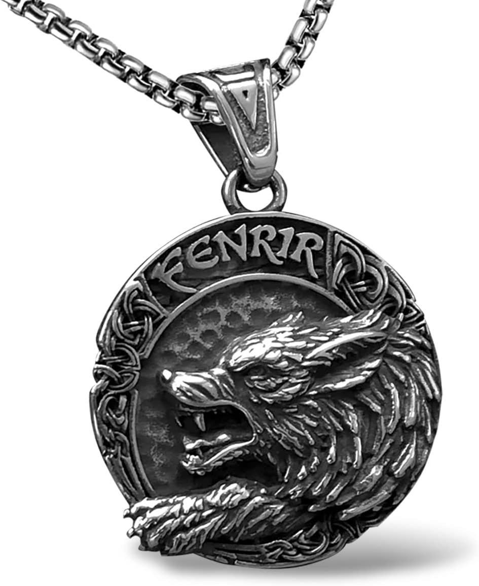bahamut Mens Viking Fenrir Wolf Valknut Jormungandr Odin Raven Yggdrasill Pendant Necklace Stainless Steel, Norse Amulet Jewelry Gifts