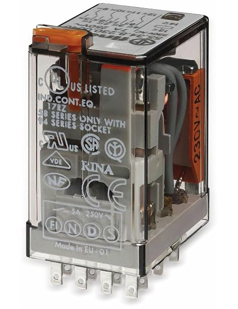 FINDER 55.34.8.230.0050 (50/60 HZ), 230 VAC, 4 Pole, 7 AMP, Lockable Test Button + LED (AC), Plug-in, Relay, Standard Agni Contact Material