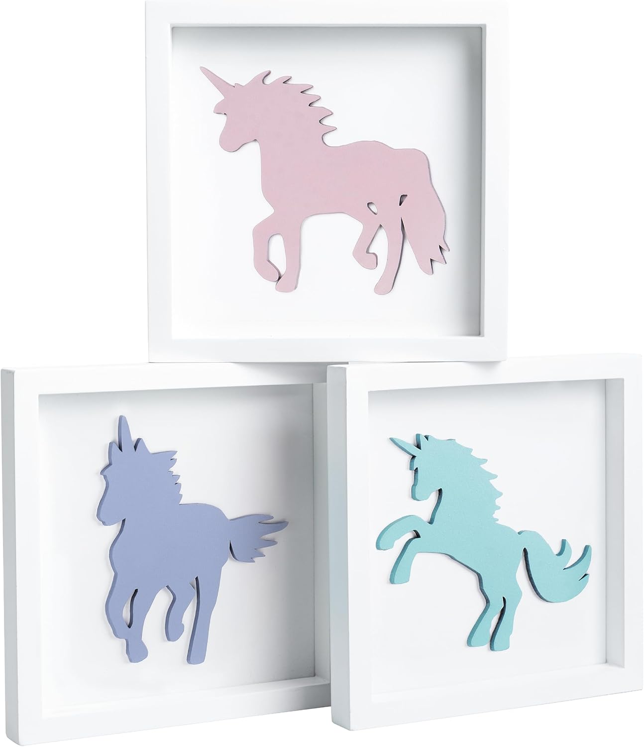 Tide and Tales Unicorn Wall Decor (Set of 3) 3D Framed Unicorn Bedroom Decor for Girls, Pastel Girls Room Decorations, White Wood Nursery Decorations Wall Art, Gift-Boxed