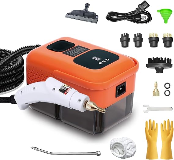 Heavy Duty Handheld Steam Cleaner, 15s Heat-Up, 9-Level Adjustable 2500W Pressurized Steamer for Cleaning with 14 Accessories, Multipurpose Portable Steam Cleanr for Home, Car, Grease, Grout(Orange)