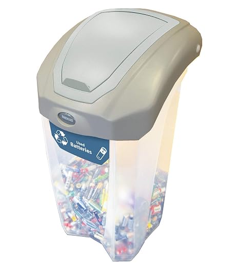 Nexus 8G C-Thru Battery Recycling Bin (Transparent, Blue Sticker) 8-Gallon Battery Disposal Bin Small Battery Recycling Container with Grey Flip Lid