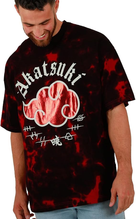 Naruto Akatsuki Cloud Crew Neck Short Sleeve Oversized Drop Shoulder Red & Black Cloud Wash Men’s T-Shirt