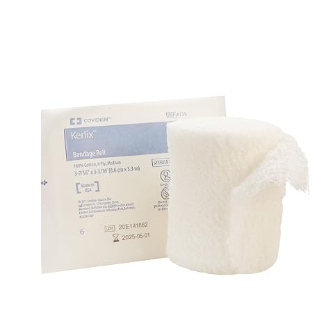 Covidien 6725 Kerlix Bandage Roll, 100% Cotton, 6-Ply, 3-7/16" x 3-3/16' Size, Medium (Pack of 96)