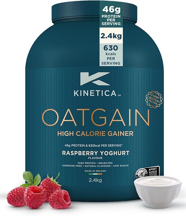 Kinetica Sports OatGain Mass Gainer–Raspberry Yoghurt, 2.4Kg, 15 Servings | 46g Protein, 78g Carbs & 620 Kcal/Serve |Optimum Bulk Weight Gain Whey Protein Supplement | WADA & Informed Sport Approved