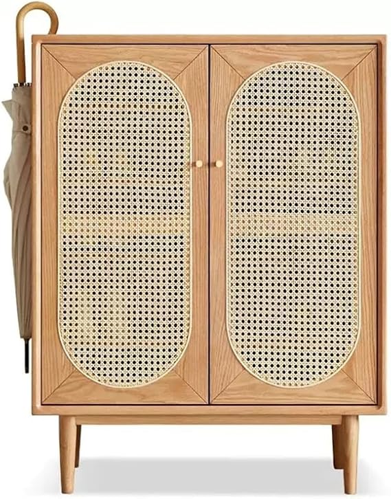 Shoe Cabinet Solid Wood Rattan Shoe Cabinet Home Door Storage Locker Multi-Layer Storage Shoe Rack Against The Wall Porch Cabinet Entryway Shoe Cabinet(A,80cm)