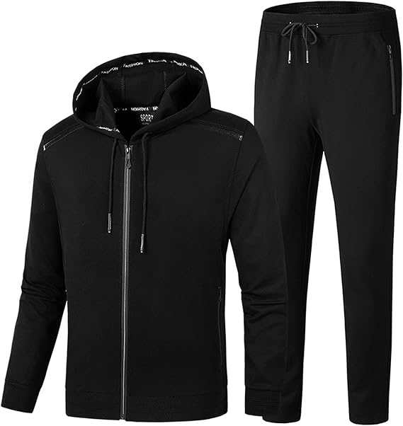 WFEI Men's Tracksuit Men Sportswear Sets Spring Autumn Clothing Hooded Suit Male 2 Pieces Sweatsuit Sweatshirt + Sweatpants,Black,L