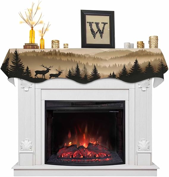 Mantel Scarf 60x17 Inch,Natural Forest Mountain Tree Deer Fireplace Top Table Runner Dresser Scarves Animal Plant Foggy Landscape Mantel Scarves Cover for Home Holiday Party Decoration