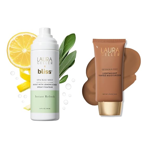 LAURA GELLER Spackle Mist Lemon & Sage + Quench-n-Tint: Dewy Makeup Setting Spray + Quench-n-Tint Foundation, Deep