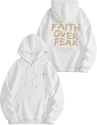 Tensky Faith Over Fear Hoodie Women Christian Religious Bible Verse Graphic Hoodies Jesus Cross Faith Hooded Sweatshirts