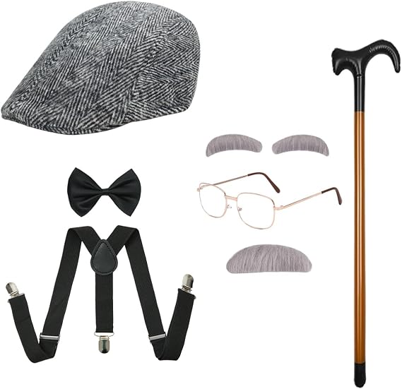 Old Man Costume Grandpa Accessories Set with Old Man Glasses Suspenders Bow Tie Cane Hat