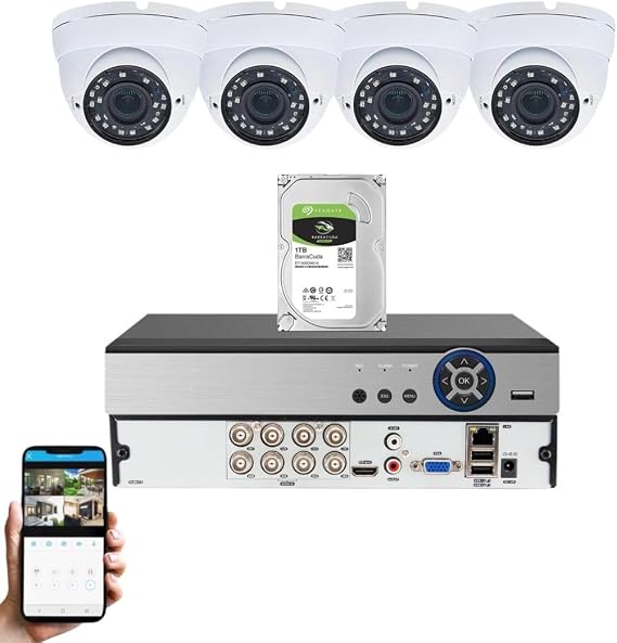 Evertech 8 CH Channel HD DVR w/ 4 pcs 4in1 AHD TVI CVI Analog 1080P Varifocal Manual Zoom HD Dome CCTV Home Security Camera System Set w/ 1TB Hard Drive