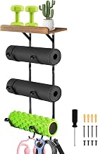 Yoga Mat Holder Wall Mount, Gym Home Yoga Room Accessories Wall Rack Storage, Yoga Mats Organizer with Wood Floating Shelves and 3 Hooks for Hanging Foam Rollers, Yoga Strap, Resistance Bands, Skipping-Rope