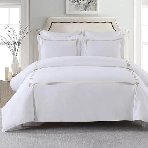 Royal Hotel Bedding Embroidered Adeline 3 Piece Comforter Cover with Pillow Shams, Duvet Cover Set, 100% Cotton Percale, Full/Queen, Gold