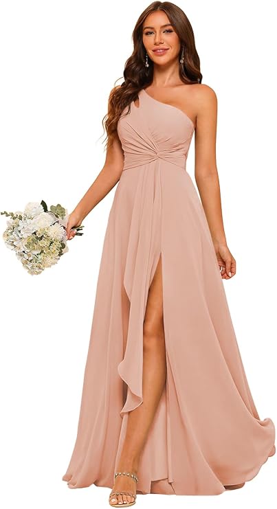 RSOETOO Chiffon One Shoulder Bridesmaid Dresses with Slit A-Line Long Formal Party Dress with Pockets RON022, Dusty Rose, 20 Plus