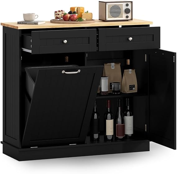 Kitchen Tilt Out Trash Cabinet, Modern Buffet Sideboard (Black) | Laundry Hamper Cabinet | Adjustable Shelf | Pet Proof Recycling Holder | Rubber Wood Tabletop | Ideal for Dining Room