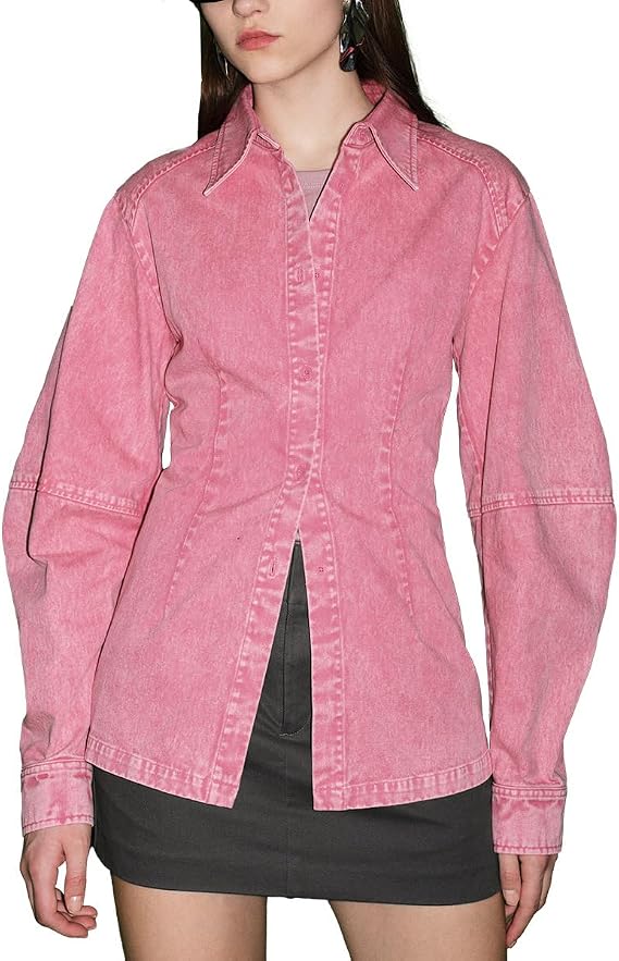 URBAN REVIVO Women's Denim Button Down Denim Jackets Button Up Tunics Long Sleeve Shirt Solid High Low Blouse Tops