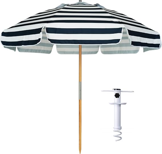 AMMSUN 7.5ft Heavy Duty HIGH Wind Beach Umbrella Commercial Grade Patio Beach Umbrella with Air Vent Ash Wood Pole with Steel Sand Anchor