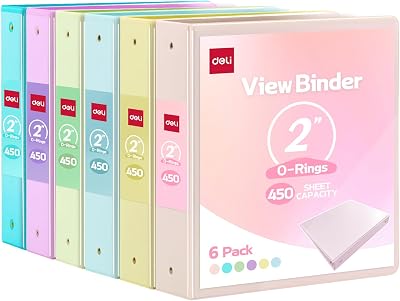 Deli 2-inch 3 Ring Binder with 2 Interior Pockets, 450 Sheets Capacity, 2 inch Binders fits 11 x 8.5 US Letter Size, Assorted 6 Pastel Colors, 6 Pack