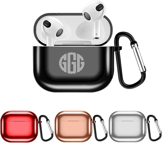 Personalized AirPod Case with Carabiner, Laser Plating Cover, 4 Colors Case Custom Engraved Compatible with AirPods Pro 1/2/3 Case, with High-Grade Aluminum Alloy