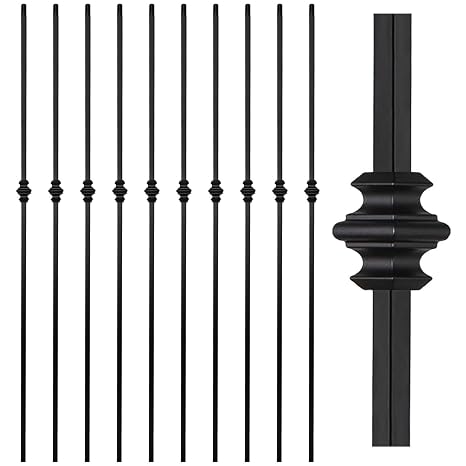 44" Wrought Iron Single Collar Balusters, 1/2" Square Hollow Stair Iron Spindles, Balusters for Staircase Interior, Decorative Stair Railing, BH-WB019 (Matt Black- Pack of 10)