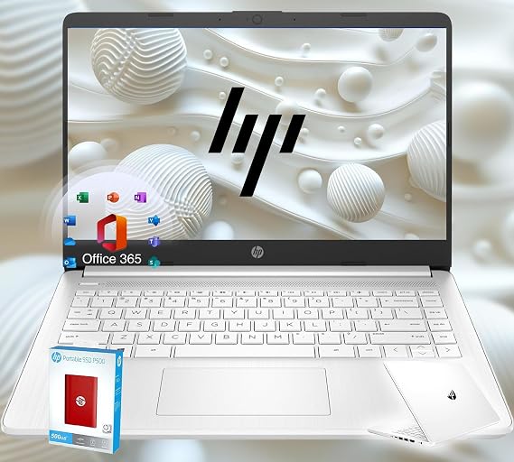 HP 14 Ultrabook Back to School Limited Edition with Microsoft 365 Intel 4-Core CPU 4GB RAM 1600GB Storage (64GB OnBoard withHP 512GB P500 Portable SSD + 1TB OneDrive) Snow White Win 11