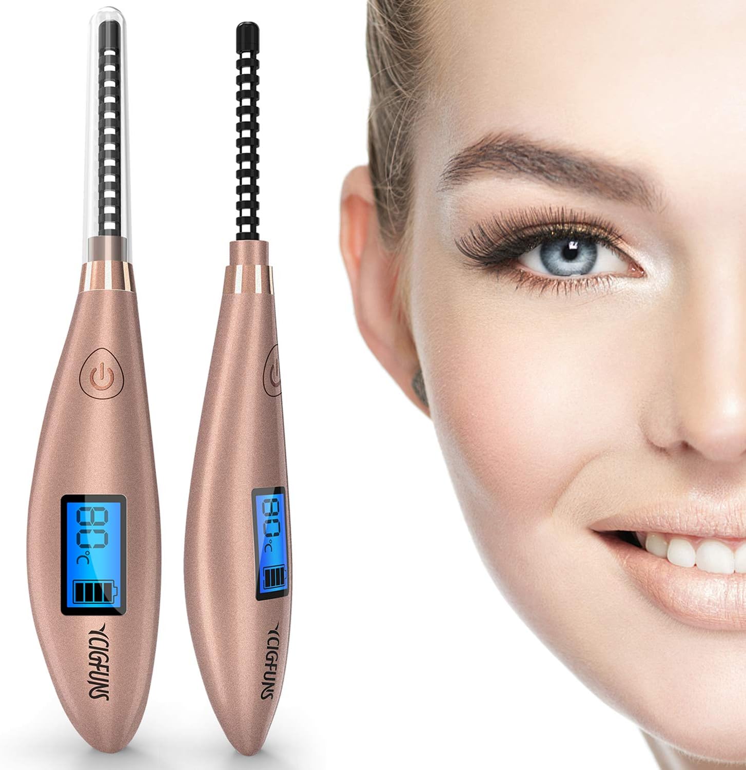 Heated Eyelash Curler, YCIGFUNS Ceramic Electric Eyelash Curler, USB Rechargeable Eyelash Curler with LCD Display for Eyelashes Natural Curling and Long Lasting NEW Version Rose Gold