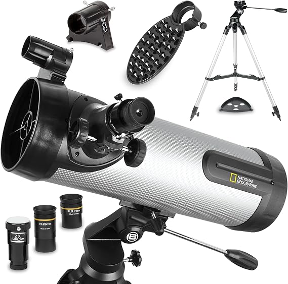 National Geographic NT114CF 114mm Reflector Telescope Carbon-Fiber Tube, 500mm Focal Length (f/4.4), Includes 2 Plssl Eyepieces, 2 Barlow Lens, Red-Dot Finder, Smartphone Adapter & Tripod