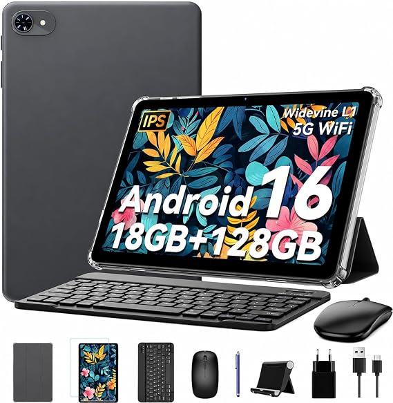 Tablet with Keyboard and Pen - Android Tablet 10 Inch with 18GB RAM + 128GB ROM (2TB TF) Gemini AI 5G WiFi & BT 5.3 6000mAh Dual Camera 2-in-1 Tablet GPS Face ID