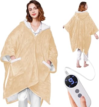 Wearable Heated Blanket - Cozy Gift for Women, Mom, Men| Reversible Flannel & Sherpa Electric Robe with Pockets & Hood, 9 Heat Levels, 2-10H Timer, ETL Safe, Machine Wash, 50"x70" Yellow