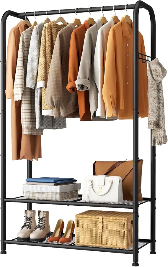 SINGAYE Wardrobe Standing Closet Clothing Rack With Shelf Hanging Clothes | Wardrobe Open Compact Small Metal Garment Hanger Stand Alone Free Standing Black Closet Rack Storage Organizer Heavy Duty