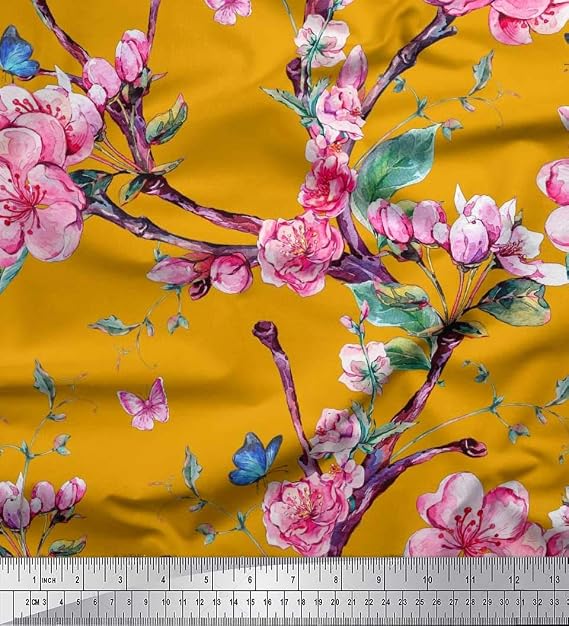 Soimoi Poly Georgette Gold Fabric - by The Yard - 42 Inch Wide - Branches, Leaves & Pink Flower Luxe Fabric - Whimsical and Botanical Fusion for Trendy Projects Printed Fabric