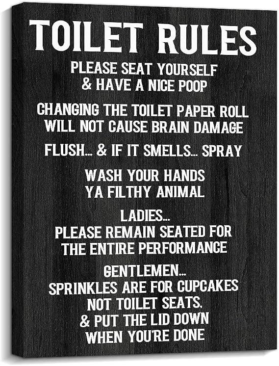 Kas Home Vintage Toilet Rules Canvas Wall Art - Black and White Saying Bathroom Decor Toilet Picture Printing Wall Decoration Ready to Hang (12 x 15 inch, Black-Toilet)
