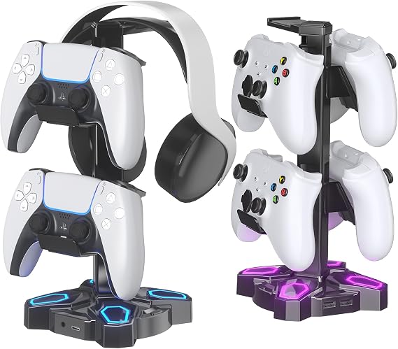 KDD Gaming Headset Holder LED with USB Type-C Chargers Universal Headphone Holder & Controller Holder with 9 Light Modes Rotating Headset Stand with 3.5 mm AUX for All Headphones PS4 Xbox (Black)