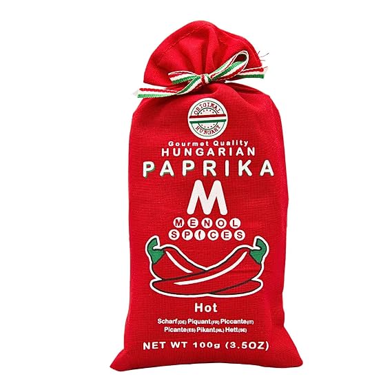 Menol Spices Authentic Hungarian Hot Paprika Powder 3.5oz/100g, Szeged | Vivid ASTA 150+ color with real heat, never bitter, cool pneumatic milling, hand-packed textile bag, for goulash and chili