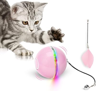 WWVVPET Interactive Cat Toys Ball with LED Light & Catnip, Upgraded Ring Bell Feather Toy, Auto Spinning Smart Cat Ball Toy, USB Rechargeable Stimulate Hunting Instinct Pet Kitty Funny Chaser Roller