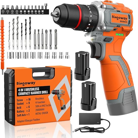 Brushless Cordless Drill Set, 16V 4-in-1 Electric Drill Driver with Impact Function, 50 N.m Power Drill Kit with 36 Accessories, 2 Batteries, Metal Chuck, 35 Torque Settings & Toolbox