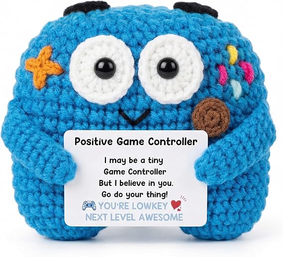 Positive Crochet Controller Gifts for Gamer Boyfriend, Retro Gamer Gifts for Men Teenage Boys, Handmade Gamer Game Controller Doll for Teen Girls Boys Christmas, Emotional Support Crochet Decor
