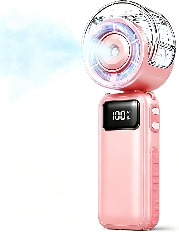 Portable Handheld Air Conditioner Fan with Mist - 6000mAh Rechargeable Personal Misting Cooling Fan,5 Speed Foldable Mini Water Spray Air Cooler,Turbo Hand AC Fan for Travel,Camping,Gifts Women - Pink