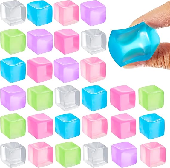Poen 30 Pcs Mini Ice Cube Stress Balls 0.98 Inch Fidget Toys | Slow Rising, Squeeze Square Ball, Stress Relief, Sensory Cube Balls, Classroom Prize, Party Favors Gifts, 6 Colors