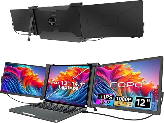 12" Triple Portable Monitor 1080P FHD IPS Triple Monitor Extender, Triple Screen for Laptop of 13"-14.1", Compatible with Windows/Mac, Connect with USB-C/HDMI(Not for M1 M2 Chip, Chromebook)-S12